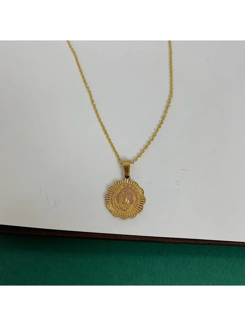 Cute Round Pendant Saint Marry Stainless Steel Gold Plated Circle Pendant y2k